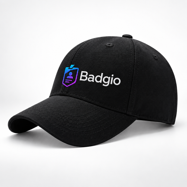 Black structured six-panel baseball cap with embroidered Badgio logo