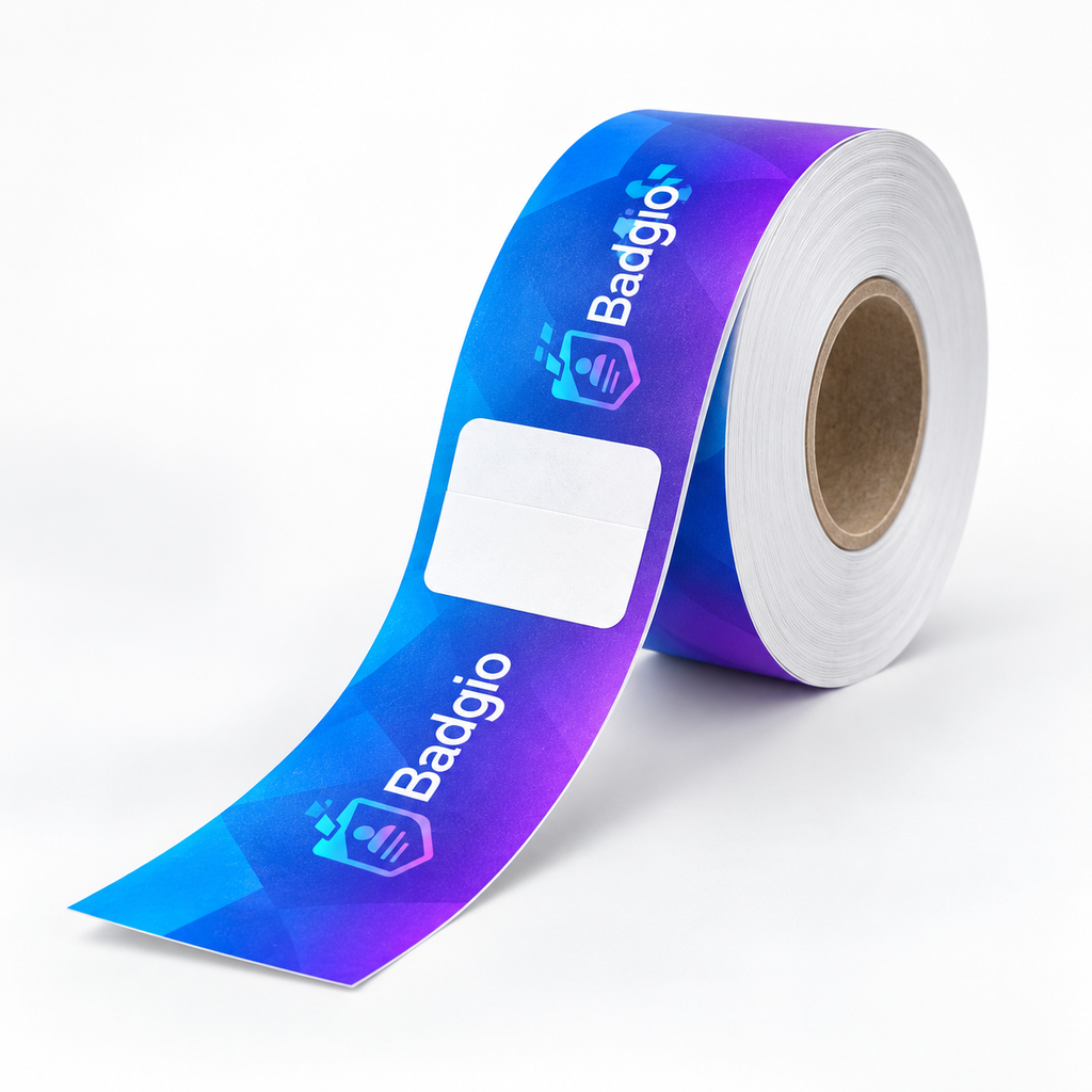 Roll of blue-purple thermal paper wristband stock with perforated tear tabs