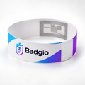 White and purple RFID Tyvek wristband showing the embedded chip antenna