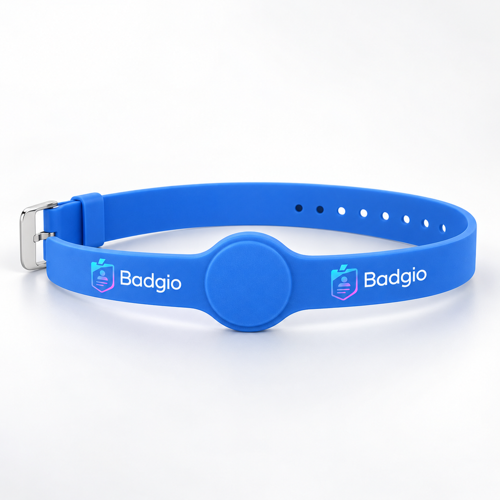 Blue rubber RFID wristband with adjustable buckle and raised chip button