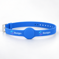 Blue rubber RFID wristband with adjustable buckle and raised chip button