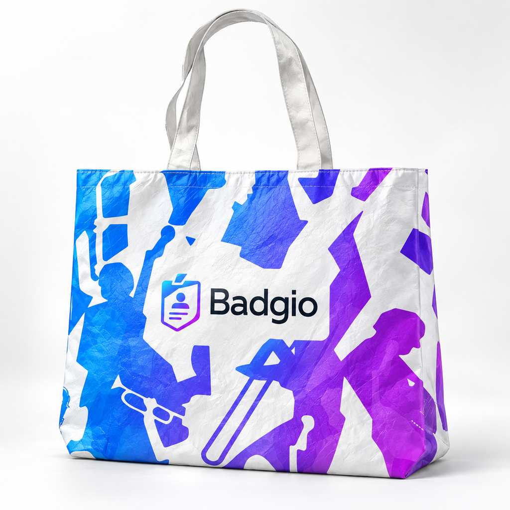 White Tyvek tote bag with blue-purple print and fabric handles