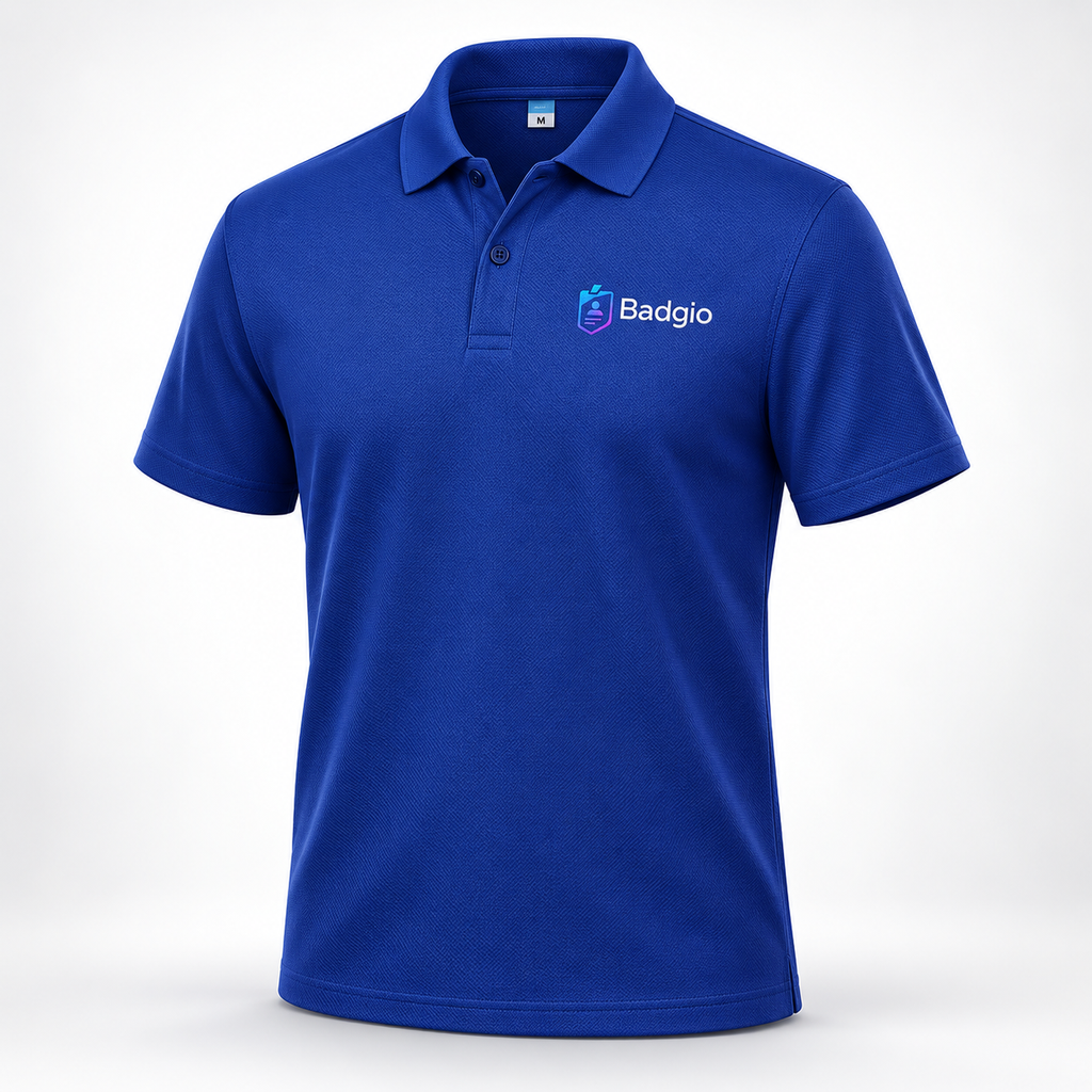Royal blue quick-dry polo shirt with embroidered Badgio chest logo