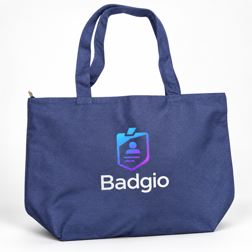 Navy cotton tote bag with fabric handles and top zipper closure