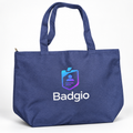 Navy cotton tote bag with fabric handles and top zipper closure