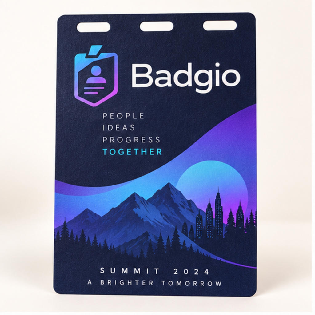Custom 4 x 6 inch recyclable paper event badge with navy Badgio artwork and three slots