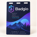 Custom 4 x 6 inch recyclable paper event badge with navy Badgio artwork and three slots