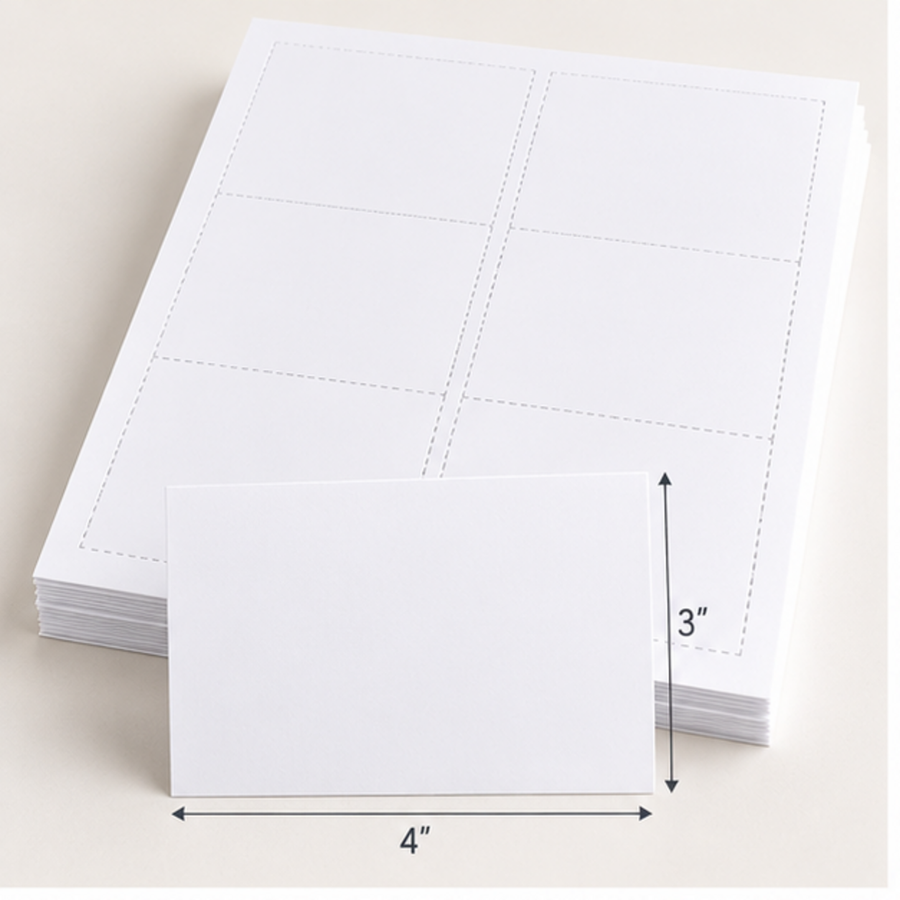 Stack of perforated sheets with a blank 4 x 3 inch landscape paper badge insert and dimensions