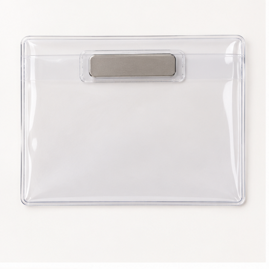Clear magnetic badge holder, front view