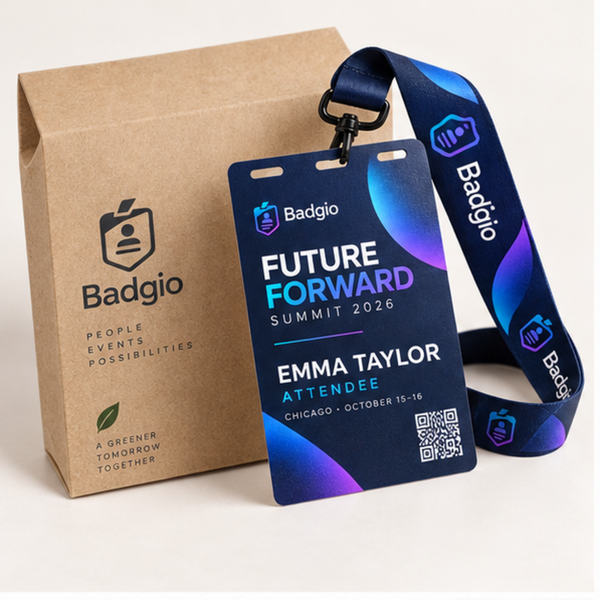 Eco-friendly 4x6 badge and lanyard package, front view