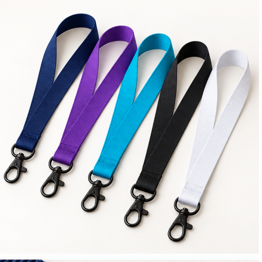 Blank 15 mm single-clip event lanyards in navy, purple, cyan, black and white