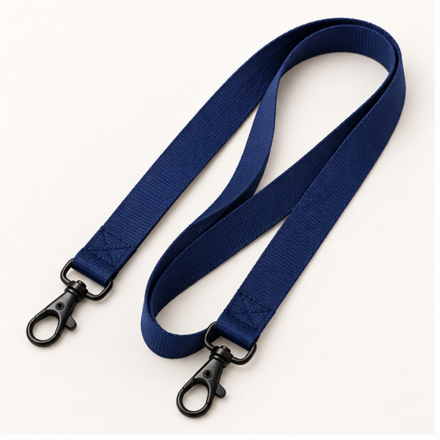 Navy blank 15 mm double-clip event lanyard with two black swivel clips
