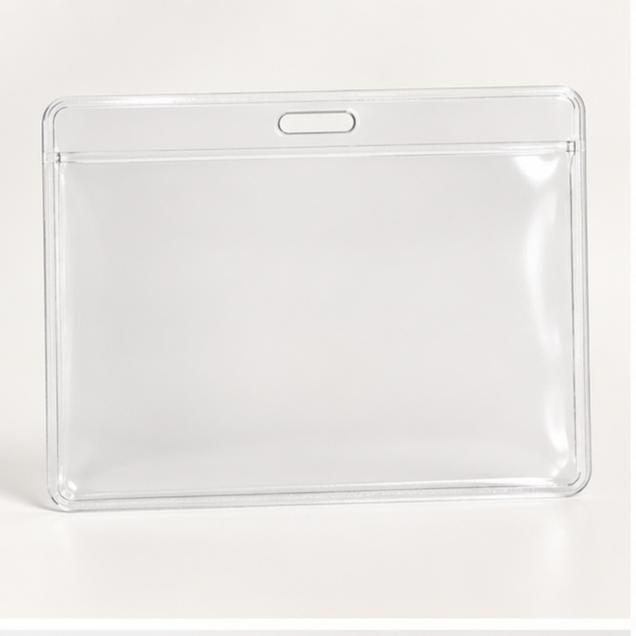 Empty clear 4 x 3 inch landscape badge holder with a centered top slot