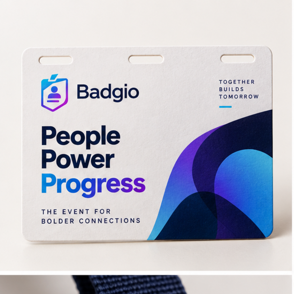 Custom 4 x 3 inch recyclable paper event badge with full-color Badgio artwork and three slots