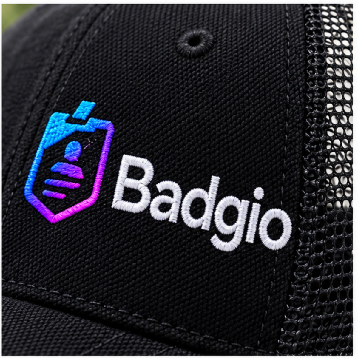 Custom embroidered trucker cap, close-up detail view