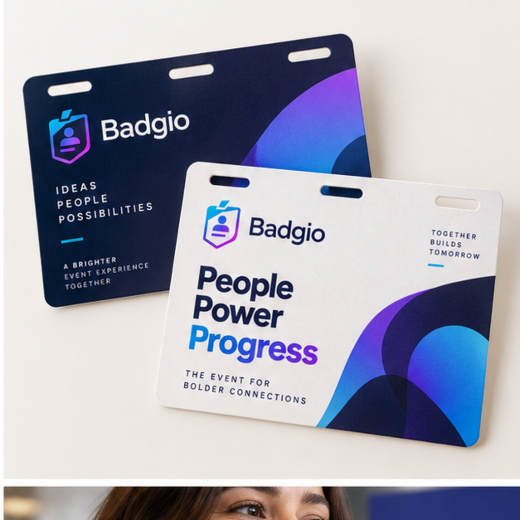 Two custom 4 x 3 recyclable paper badge designs in navy and white