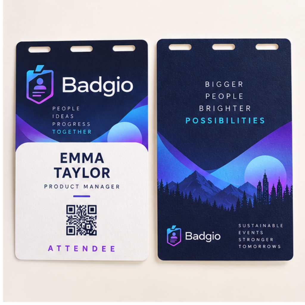 Coordinated front and reverse designs for a custom 4 x 6 recyclable paper event badge