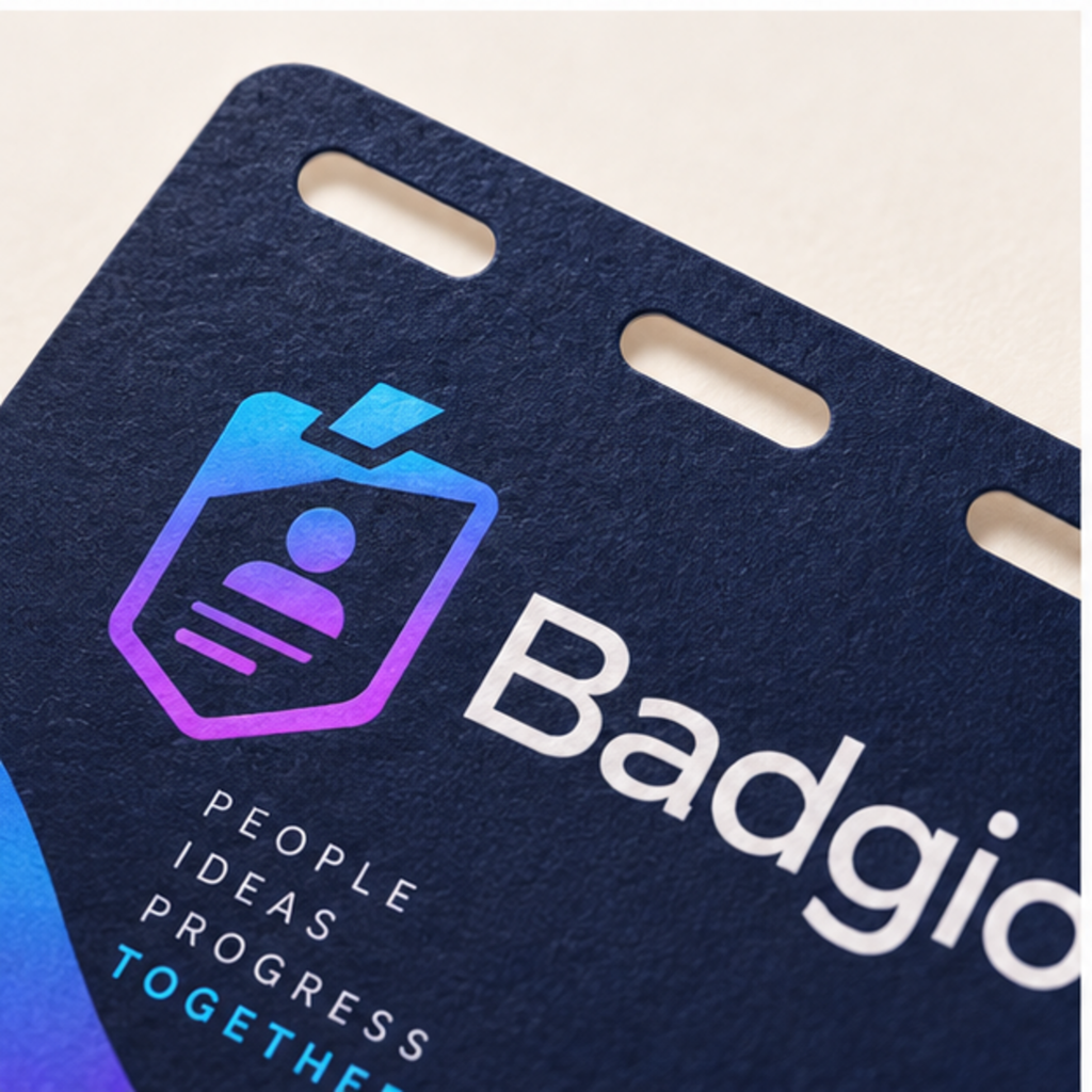 Close-up of three lanyard slots, paper texture and Badgio printing on a 4 x 6 badge