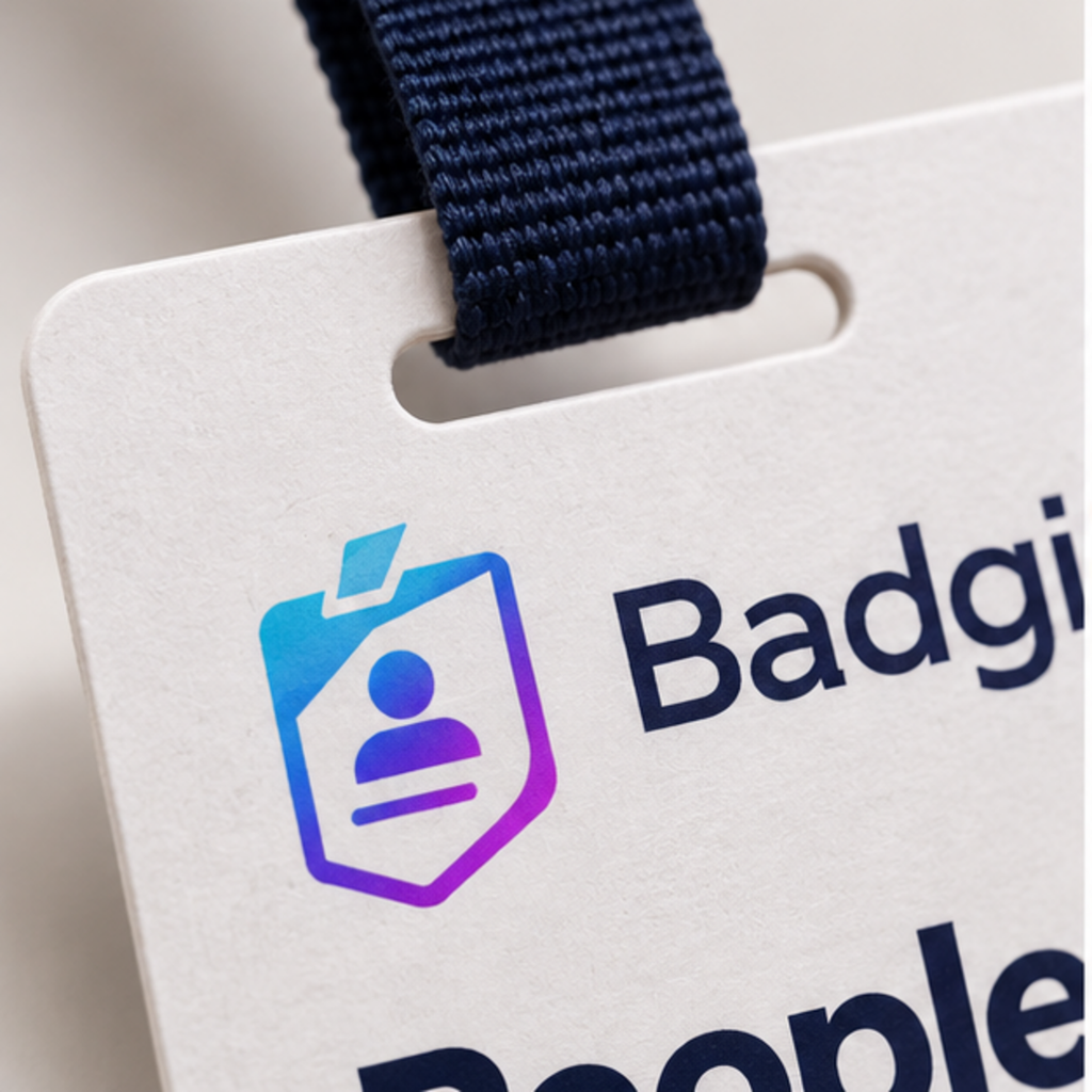 Close-up of a lanyard slot, paper texture and Badgio print on a recyclable event badge