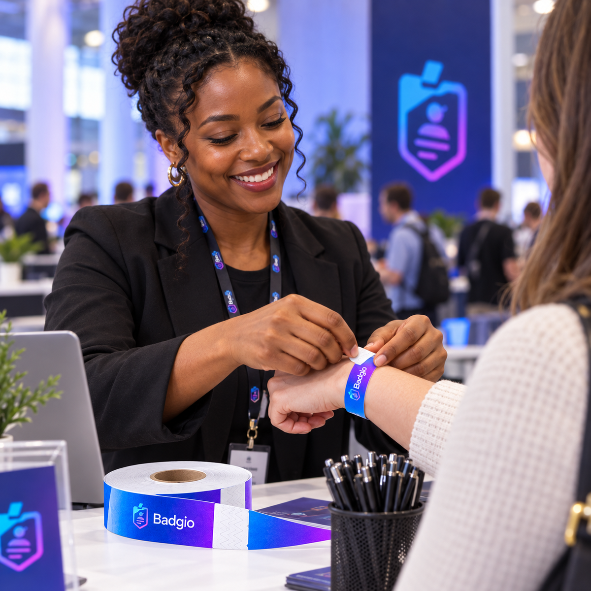 Custom thermal paper wristband shown in an event setting