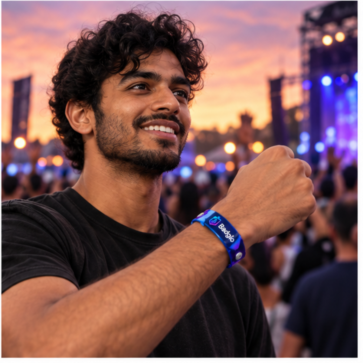 Custom PVC vinyl wristband shown in an event setting