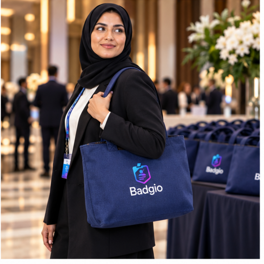 Custom cotton zipper tote bag shown in an event setting