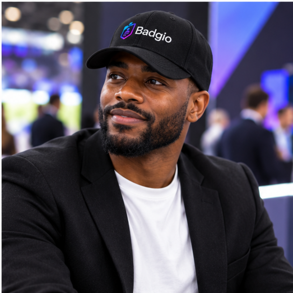 Custom embroidered baseball cap shown in an event setting