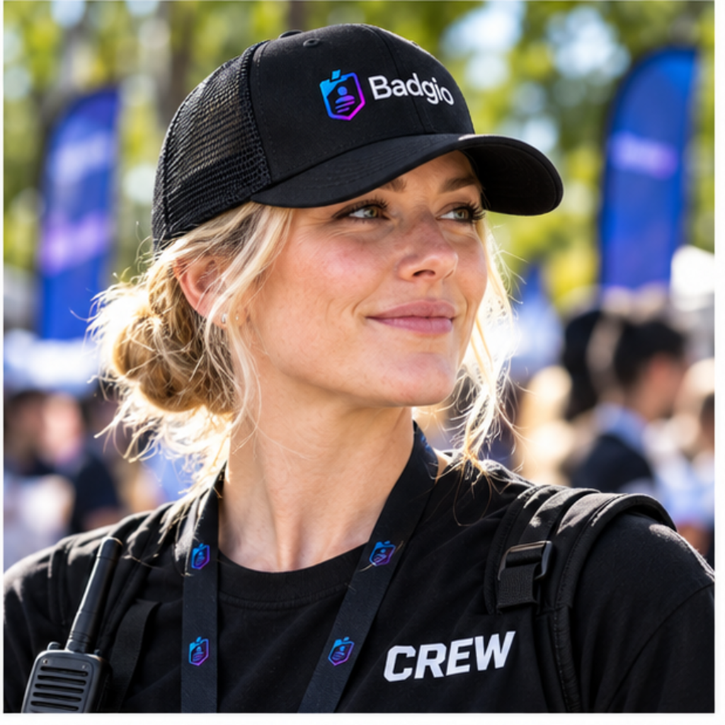 Custom embroidered trucker cap shown in an event setting