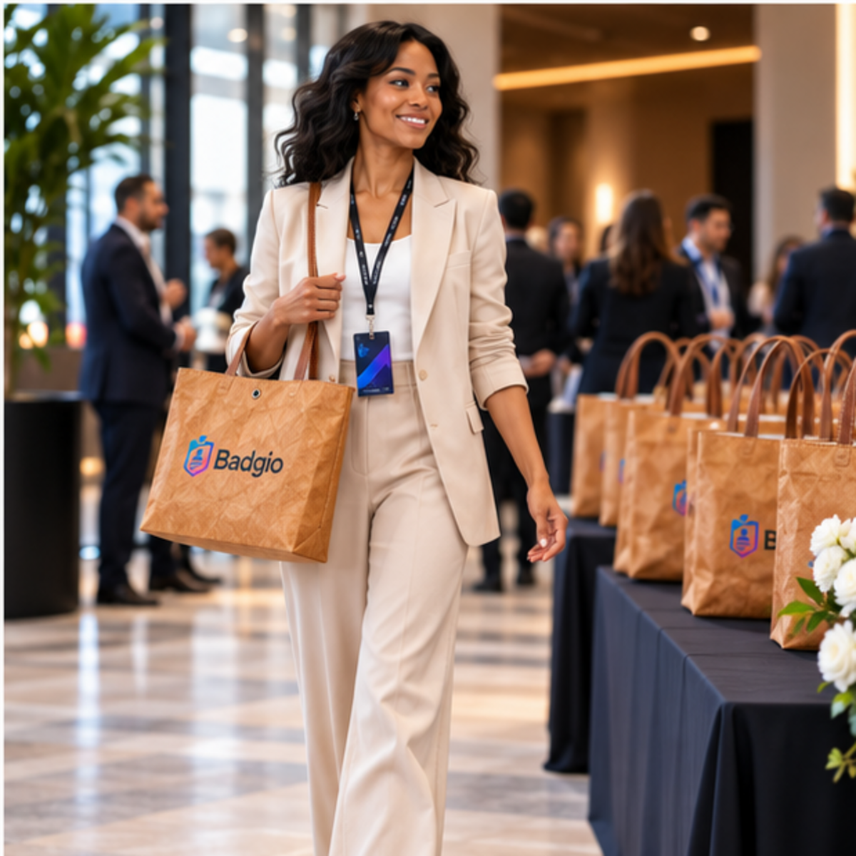 Custom washable paper tote bag shown in an event setting
