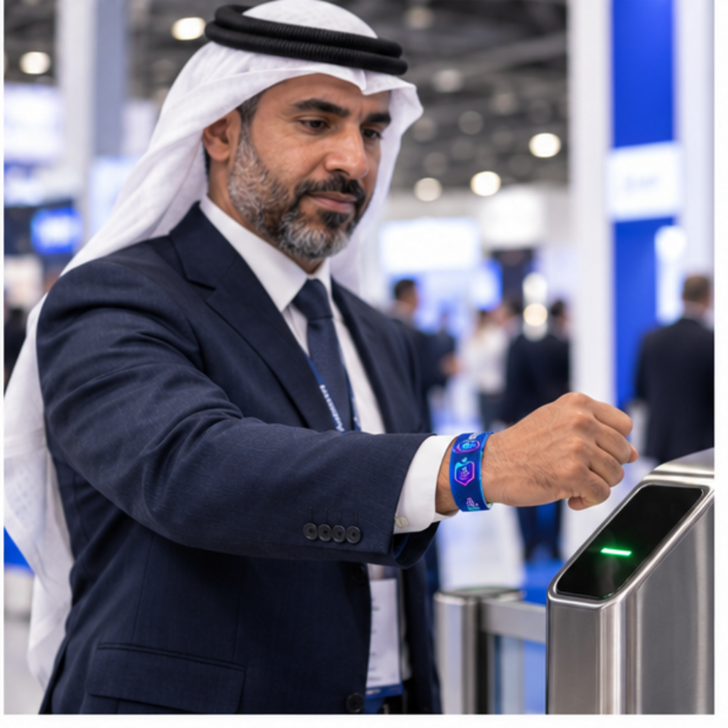 Custom UHF RFID Tyvek wristband shown in an event setting
