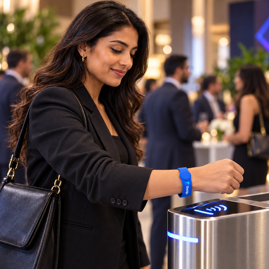 Custom rubber RFID wristband shown in an event setting