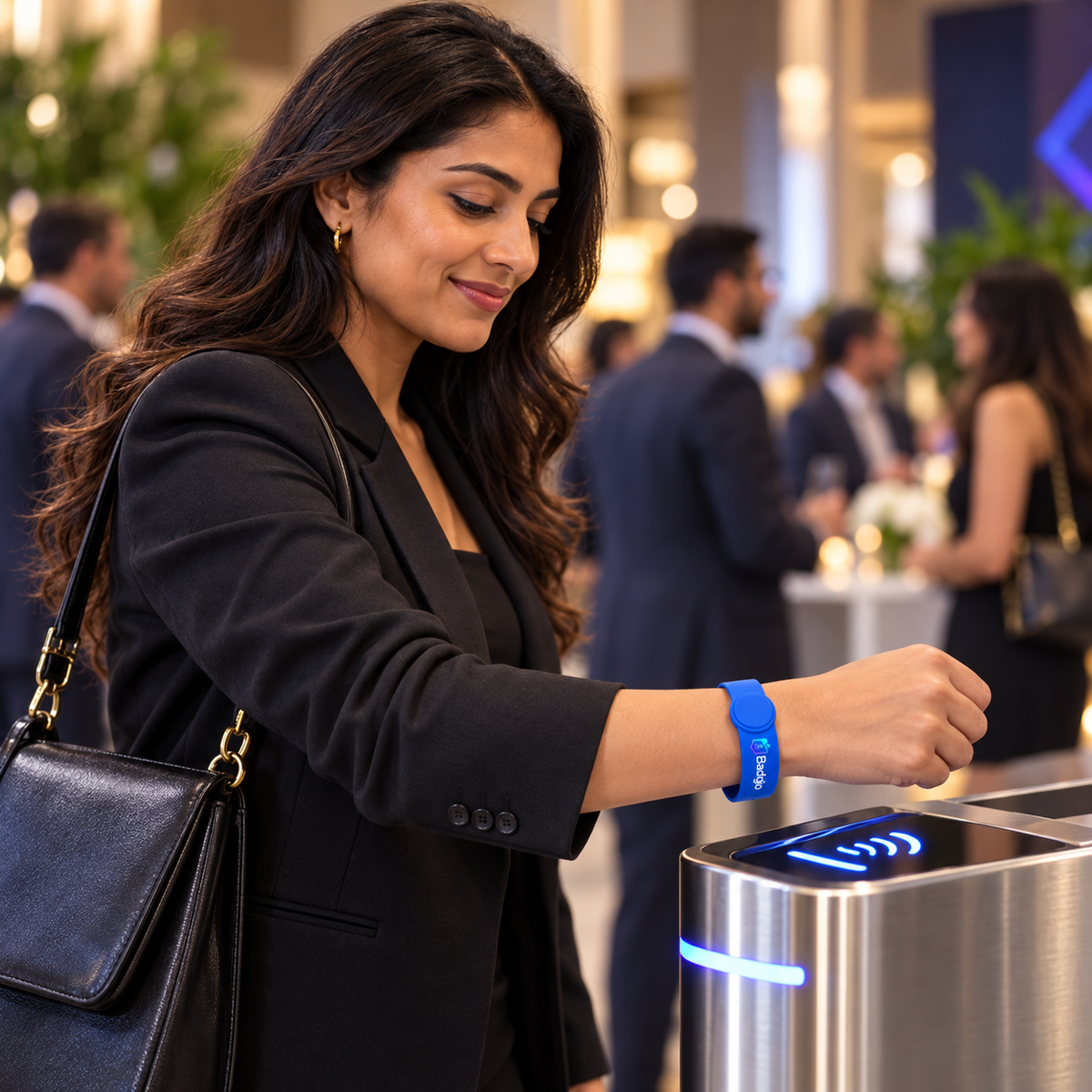 Custom rubber RFID wristband shown in an event setting