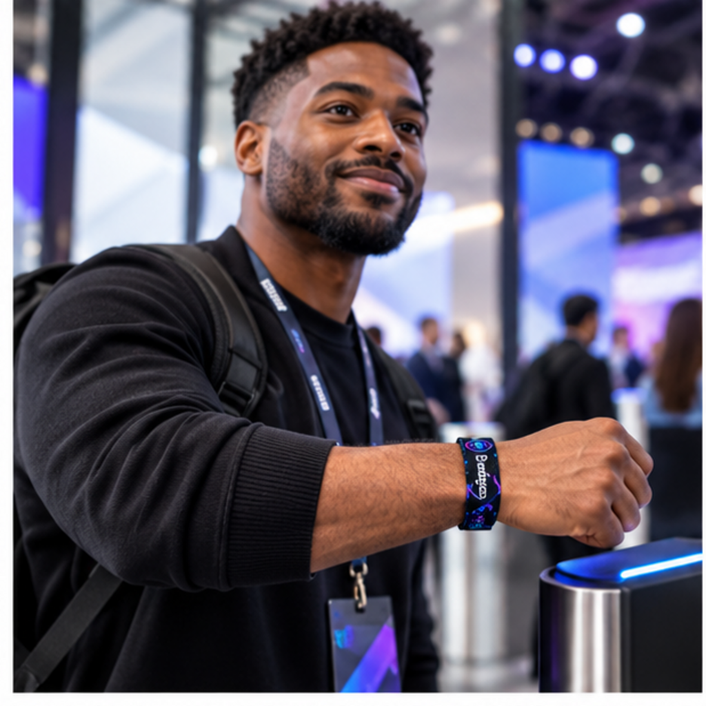 Custom fabric RFID wristband shown in an event setting