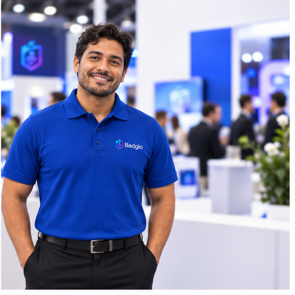 Custom quick-dry polo shirt shown in an event setting
