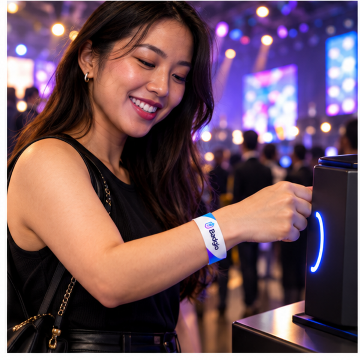 Custom RFID Tyvek wristband shown in an event setting