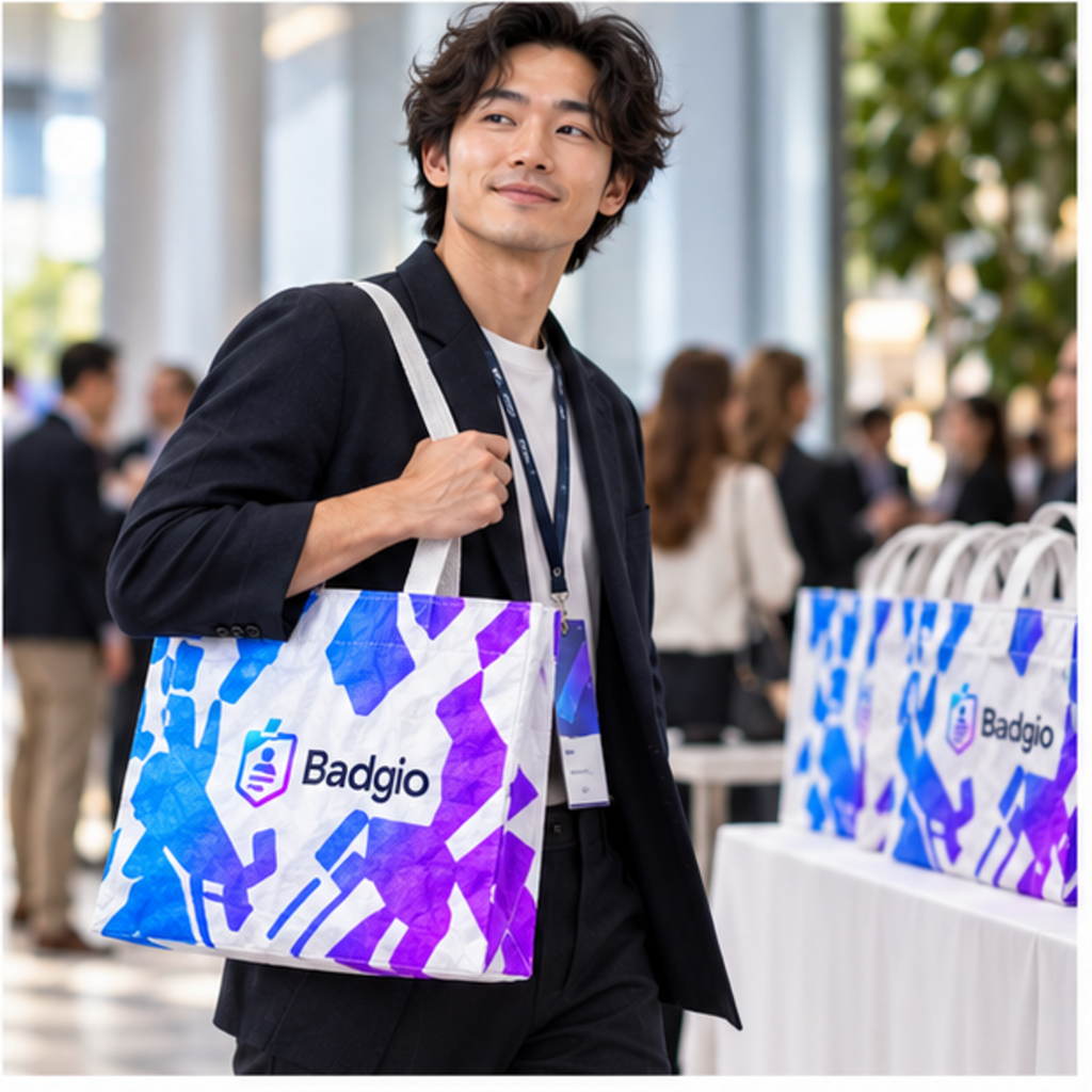 Custom Tyvek tote bag shown in an event setting