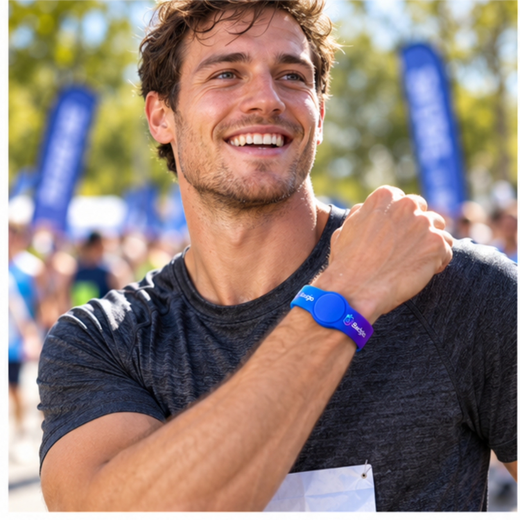 Custom silicone RFID wristband shown in an event setting