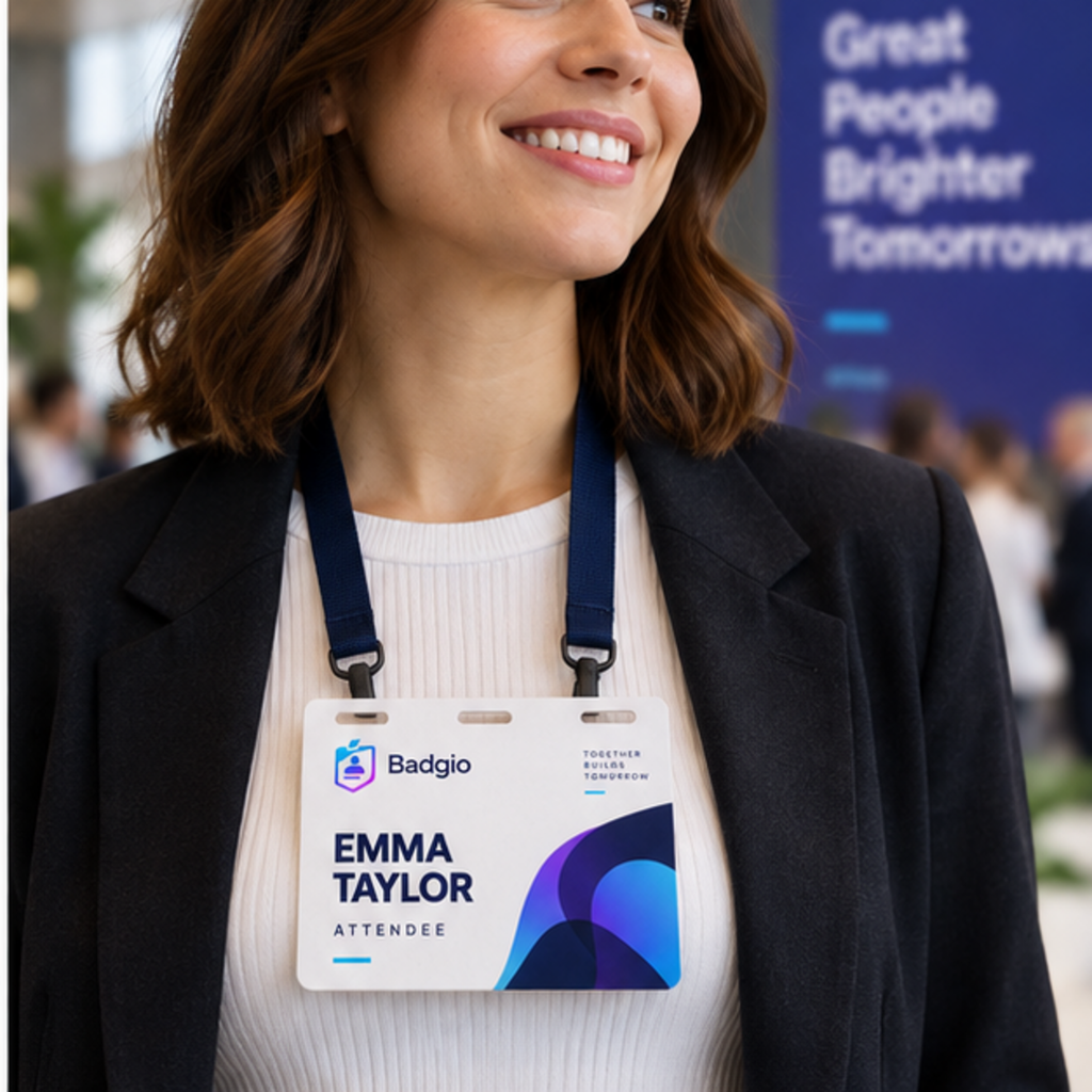 Woman wearing a custom 4 x 3 recyclable paper badge on a double-clip lanyard