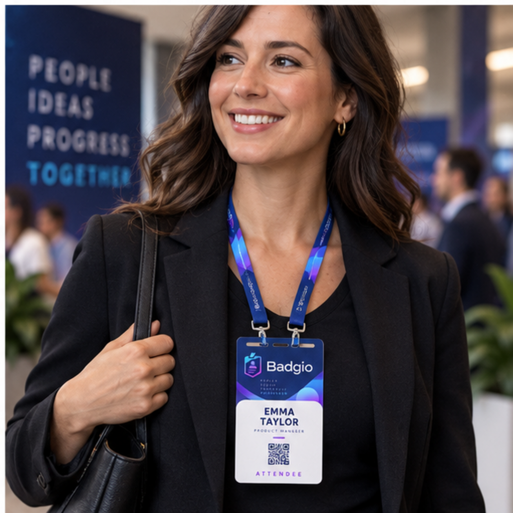 Woman wearing a custom 4 x 6 recyclable paper badge on a double-clip lanyard